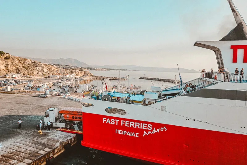 athens andros car ferry loading a lorry