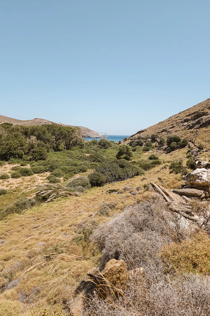 view across land on hike to achla beach andros